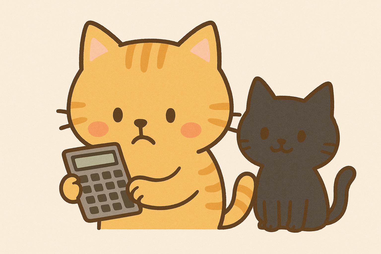 電卓を見つめる茶トラと見守る黒猫のゆる猫イラスト