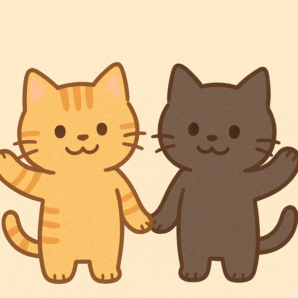 茶トラと黒猫が並んで笑顔で手を振るゆる猫イラスト