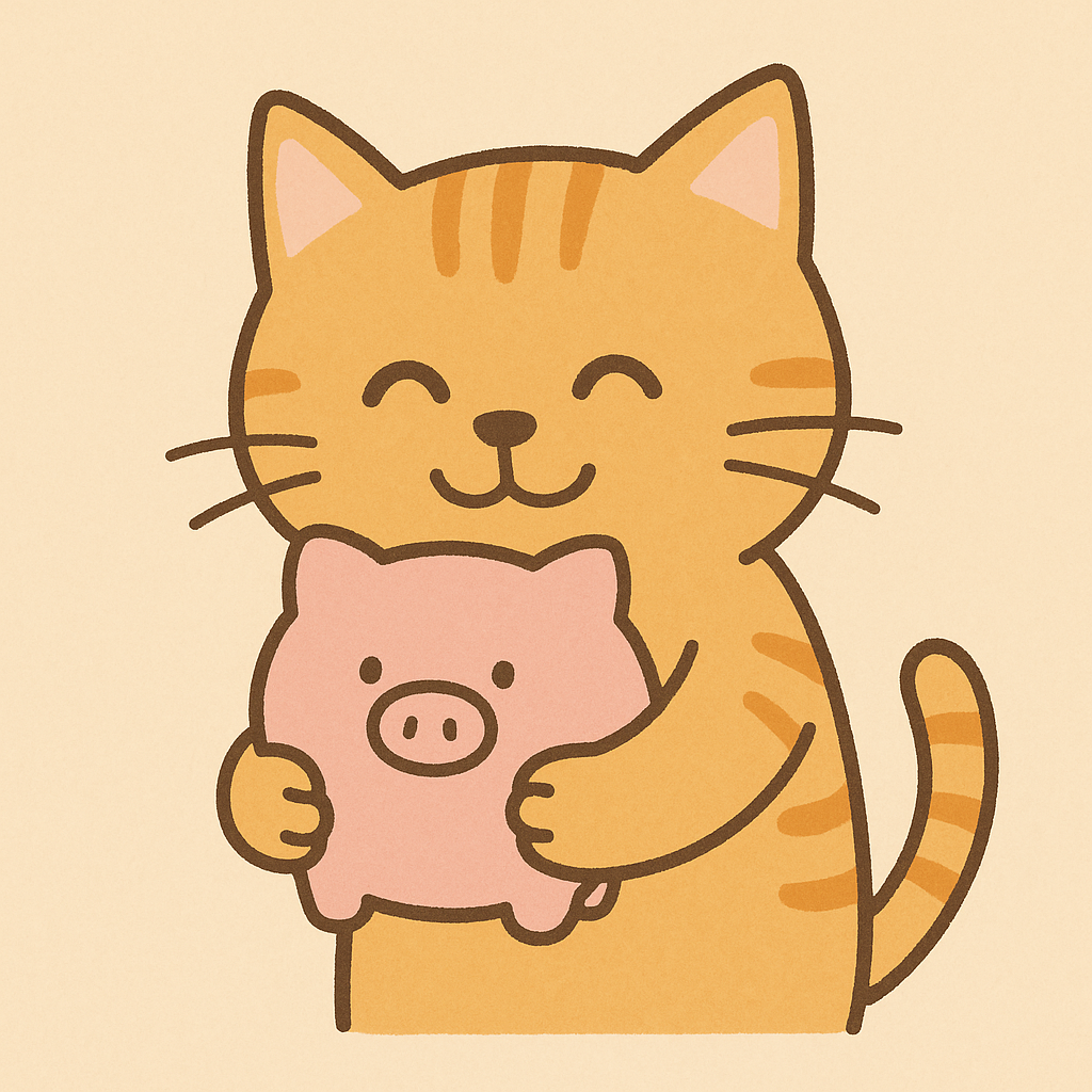 貯金箱を抱えて笑顔の茶トラのゆる猫イラスト